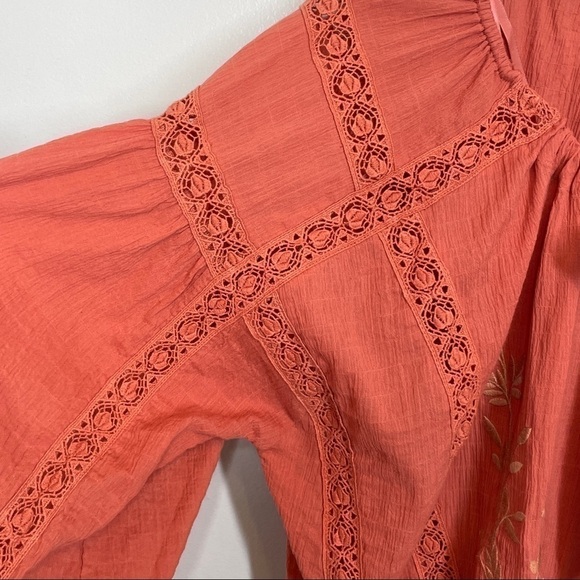 Free People Terra Cotta Maria Maria Top Ribbon Tie Gathered Waist Embroidery M - Picture 5 of 15